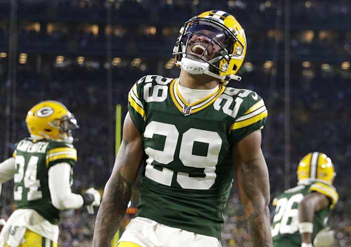 Jan 1, 2023; Green Bay, Wisconsin, USA; Green Bay Packers cornerback Rasul Douglas (29) celebrates a defensive stop against the Minnesota Vikings during their football game at Lambeau Field.